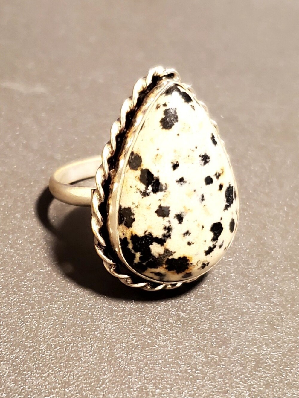 Dalmatian Jasper Teardrop Stone Ring in Sterling Silver